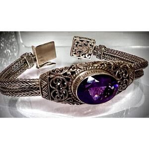 Artisan 925 48g Sterling Dragon-Tail Braided Bracelet • Large Bezel Amethyst •